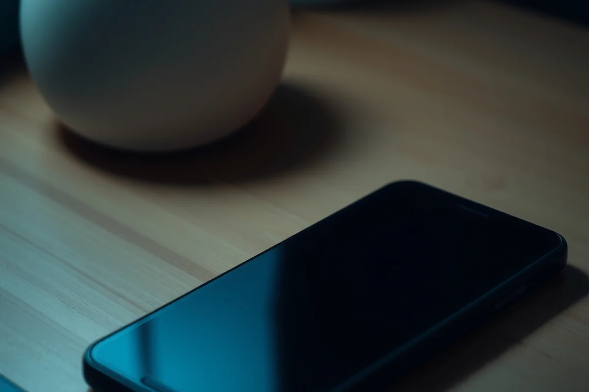 uno smartphone con schermo spento appoggiato di piatto su una scrivania in legno chiaro, in primo piano a fuoco, sfondo sfocato