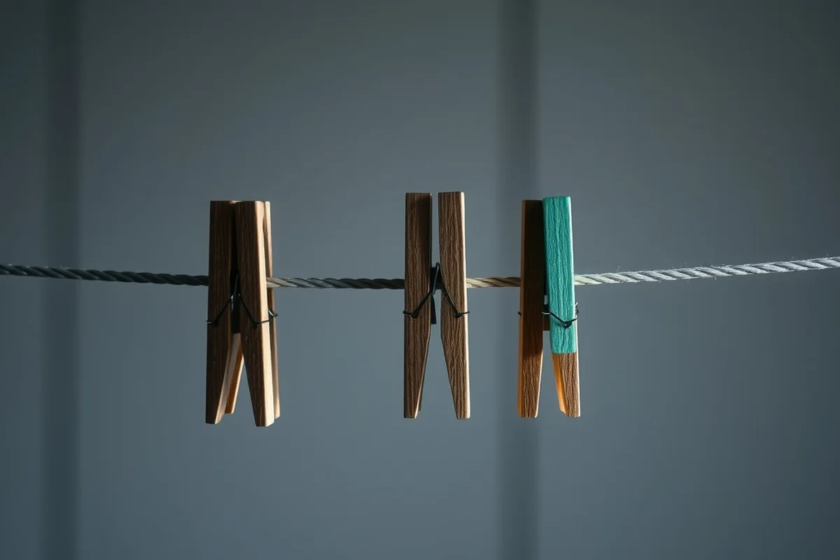 una fila di piccole mollette da bucato di legno agganciate a uno spago teso davanti a una parete di legno chiaro, una molletta dipinta di verde acqua, luce morbida, sfondo sfocato