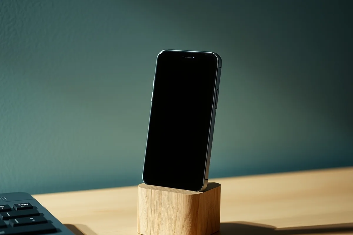 uno smartphone grigio scuro in un supporto di legno, schermo spento e nero, su una scrivania in legno chiaro davanti a una parete verde acqua, in primo piano a fuoco