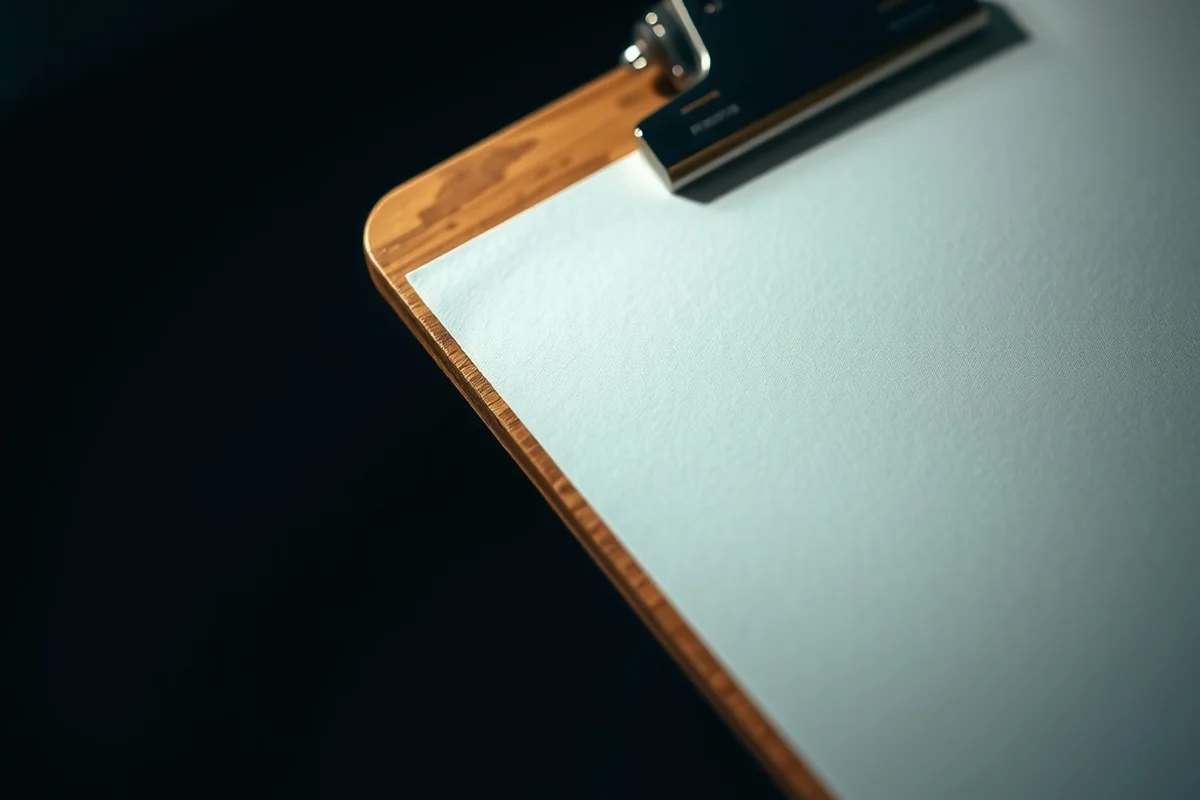 una lavagna con fermaglio e un foglio bianco senza scritte appoggiata su una scrivania in legno chiaro, in primo piano a fuoco, sfondo sfocato