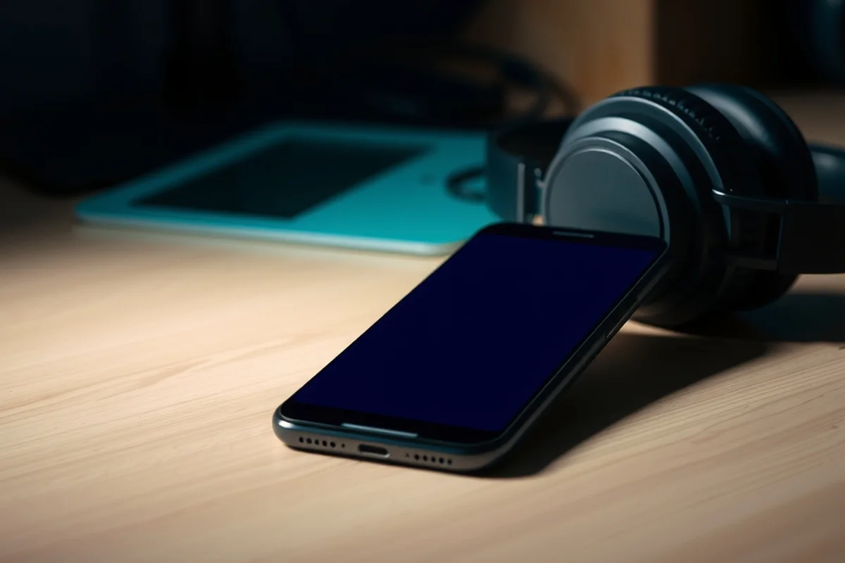 uno smartphone con schermo spento appoggiato accanto a un paio di cuffie su una scrivania in legno chiaro, in primo piano a fuoco, sfondo sfocato