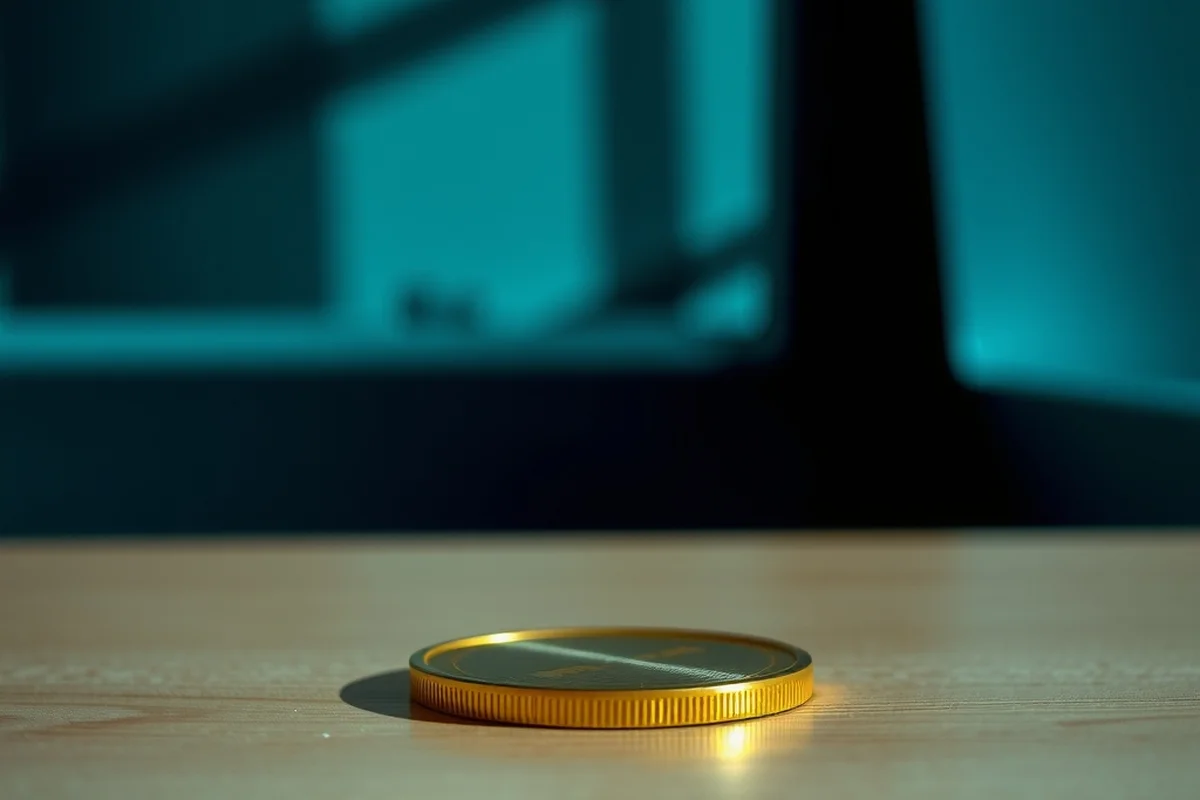 una ficha da gioco tonda color oro opaco, senza incisioni, appoggiata su una scrivania in legno chiaro, in primo piano a fuoco
