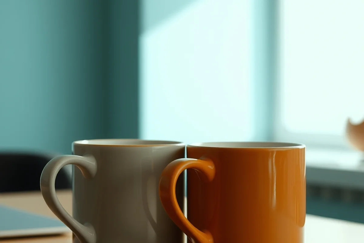 due tazze di ceramica di colori diversi affiancate su un tavolo di legno chiaro, in primo piano a fuoco, luce naturale morbida