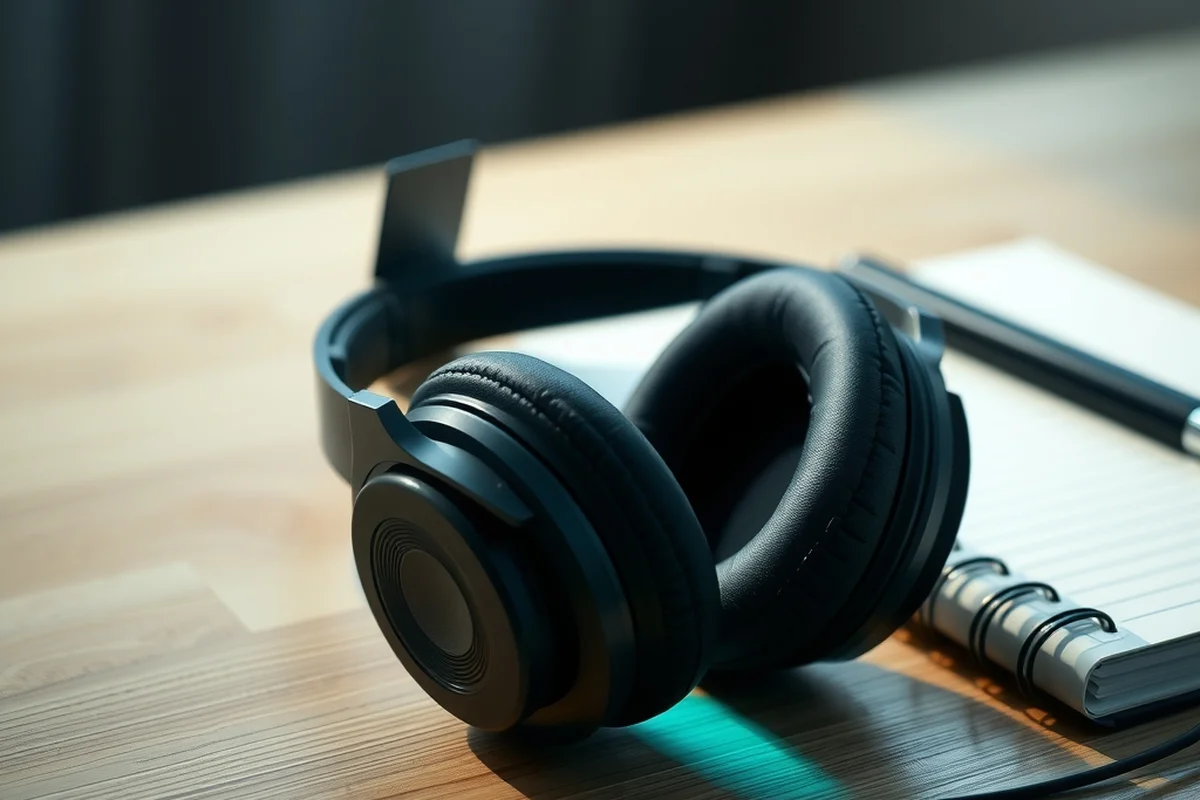 un paio di cuffie da studio nere appoggiate su una scrivania in legno chiaro accanto a un blocco note chiuso, in primo piano a fuoco, sfondo sfocato