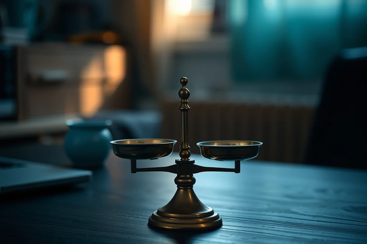 piccola bilancia da tavolo in ottone con due piatti, in equilibrio, in primo piano a fuoco su una scrivania in legno scuro, sfondo domestico sfocato