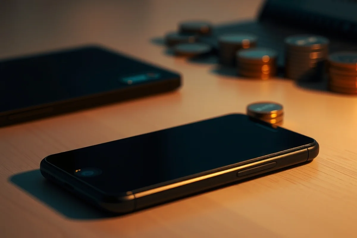 uno smartphone appoggiato su una scrivania in legno chiaro con lo schermo spento, una pila di monete sfocata sullo sfondo