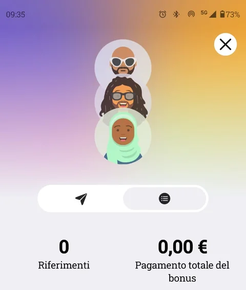 schermata dell'app Clickworker con il conteggio dei riferimenti e il totale del bonus, entrambi ancora a zero