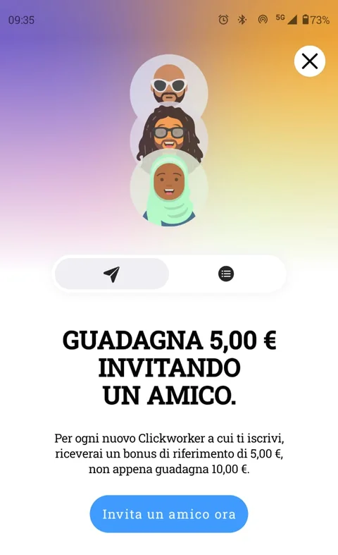 schermata dell'app Clickworker con il messaggio Guadagna 5 euro invitando un amico e il pulsante Invita un amico ora