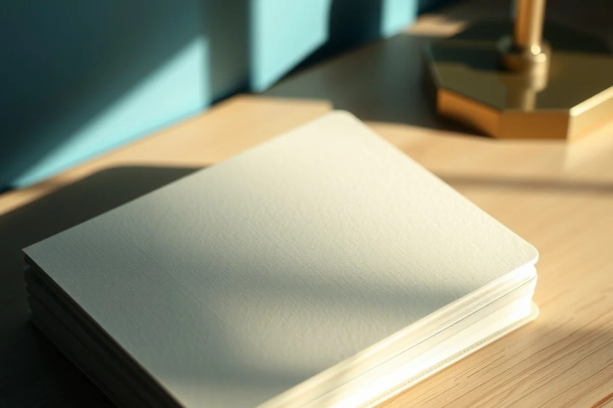 un quaderno chiuso con copertina rigida color crema appoggiato su un tavolo di legno chiaro, in primo piano a fuoco, luce laterale morbida