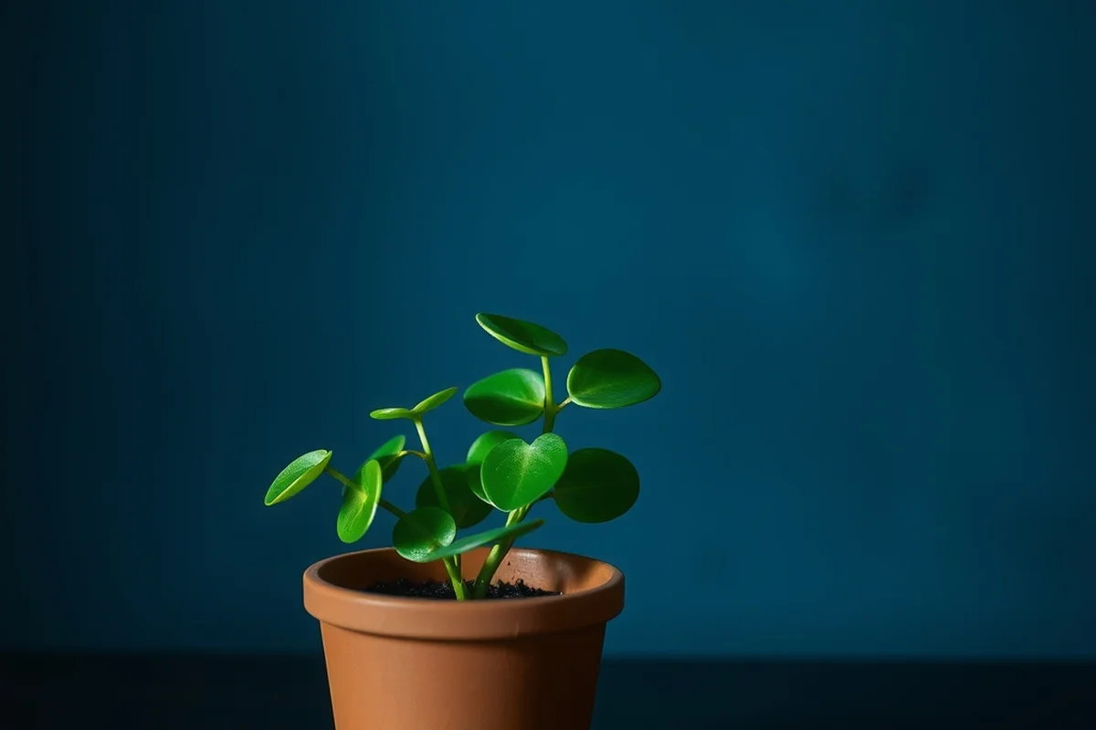 una piccola pianta dalle foglie tonde e verdi in un vaso di terracotta, in primo piano a fuoco, sfondo blu notte sfumato