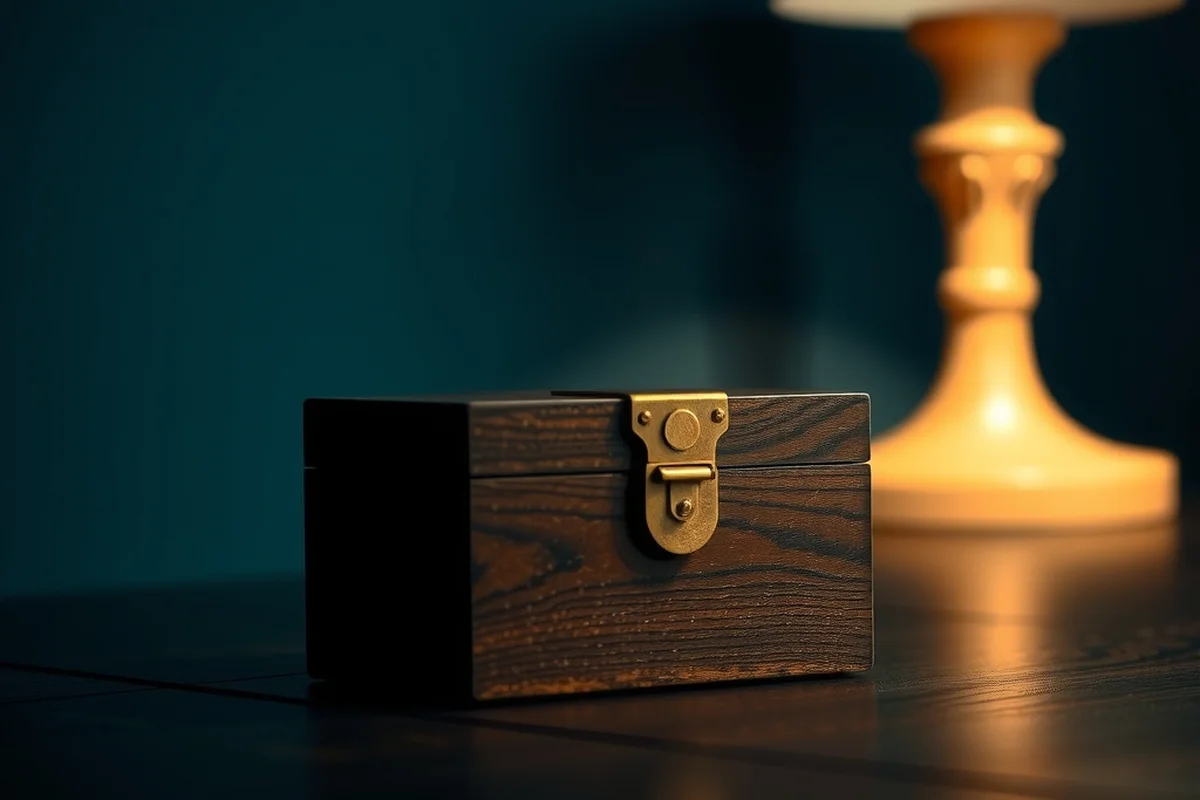 una piccola scatola di legno scuro chiusa da una chiusura in ottone, appoggiata su un tavolo di legno, sfondo blu notte con una lampada accesa sfocata