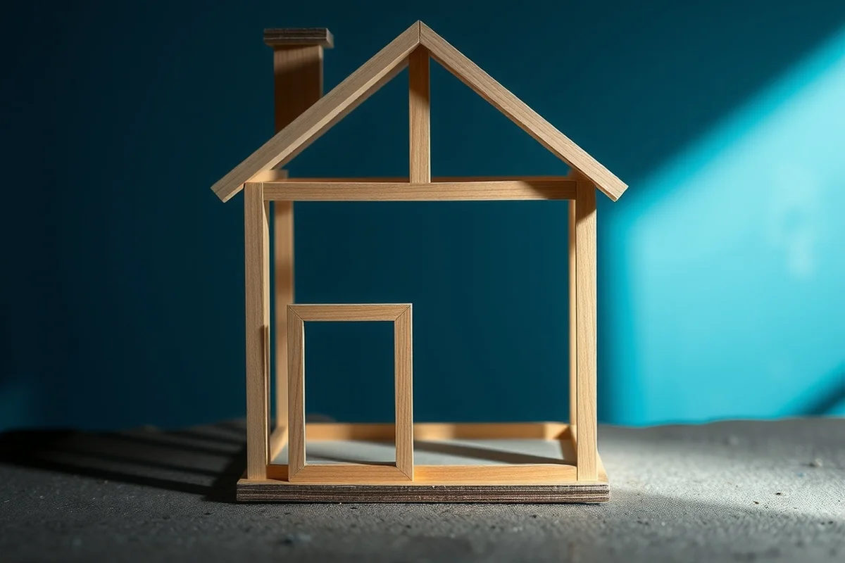 il modello in legno chiaro di una casa, ridotto alla sola intelaiatura senza porte né finestre, su una superficie di cemento grezzo, sfondo blu notte