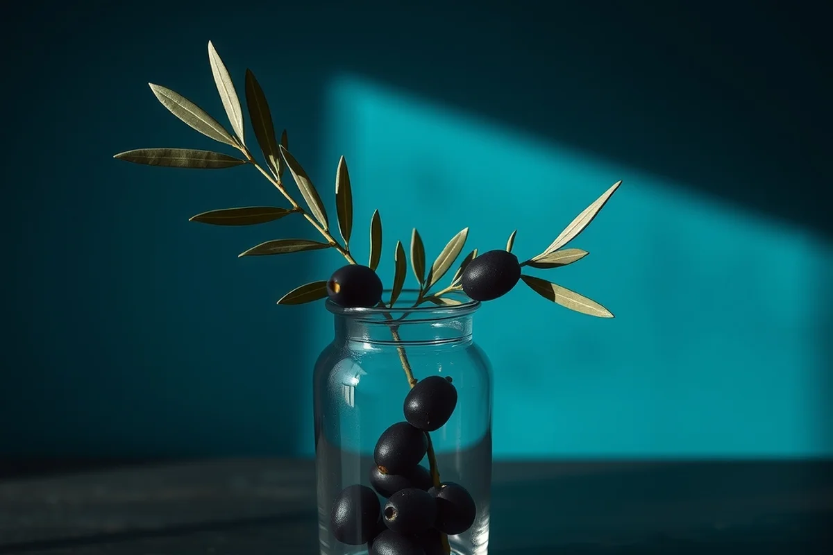un ramo di ulivo con alcune olive mature appoggiato in un barattolo di vetro su un tavolo di legno scuro, sfondo blu notte con un fascio di luce verde acqua