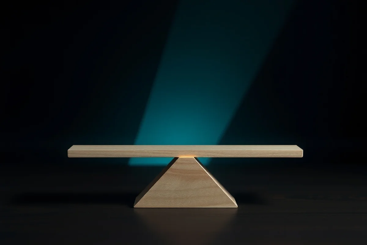 una tavola di legno chiaro in perfetto equilibrio su un blocco triangolare di legno, su una scrivania scura, in primo piano a fuoco, fascio di luce verde acqua sullo sfondo
