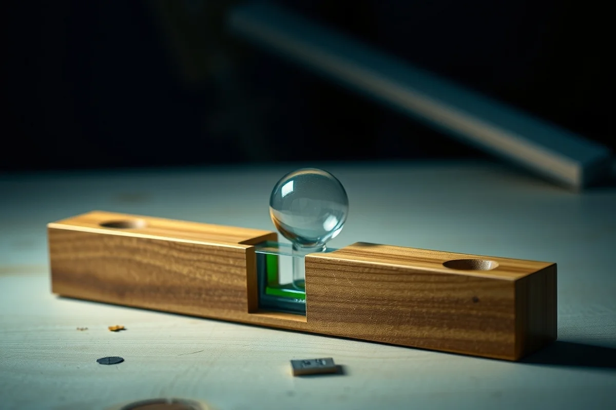 una livella di legno su un banco da lavoro, con la bolla nella fiala centrale spostata di lato, in primo piano a fuoco, sfondo blu notte sfocato