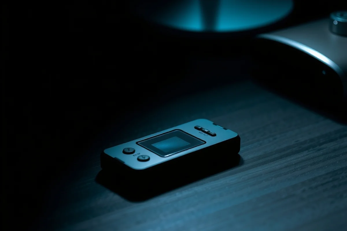 un piccolo wallet hardware per criptovalute, corpo in metallo scuro opaco con schermo spento, appoggiato da solo su una scrivania in legno