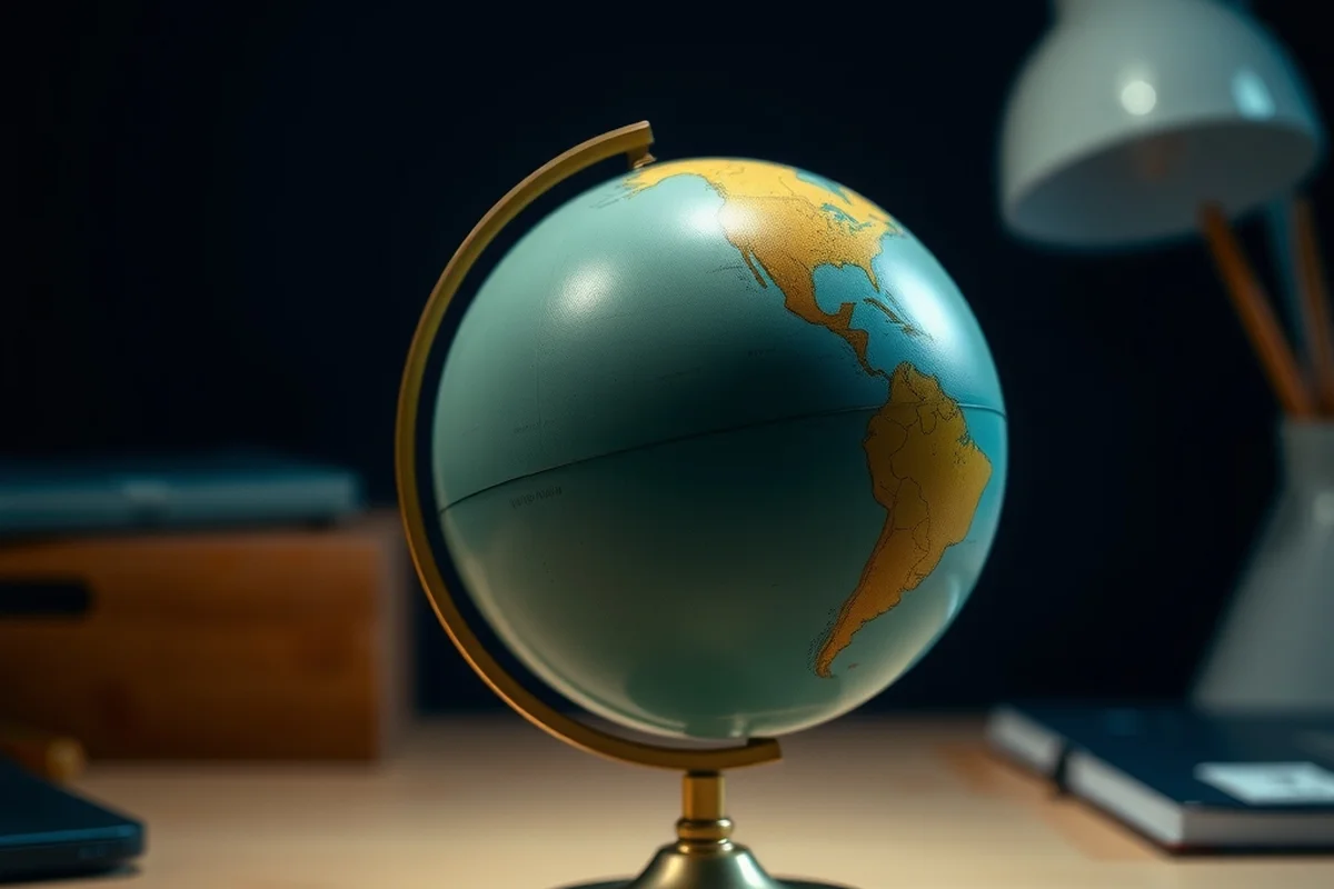 un piccolo mappamondo da scrivania con anello meridiano in ottone, senza nomi di paesi, su un piano di legno chiaro, in primo piano a fuoco, sfondo blu notte sfocato