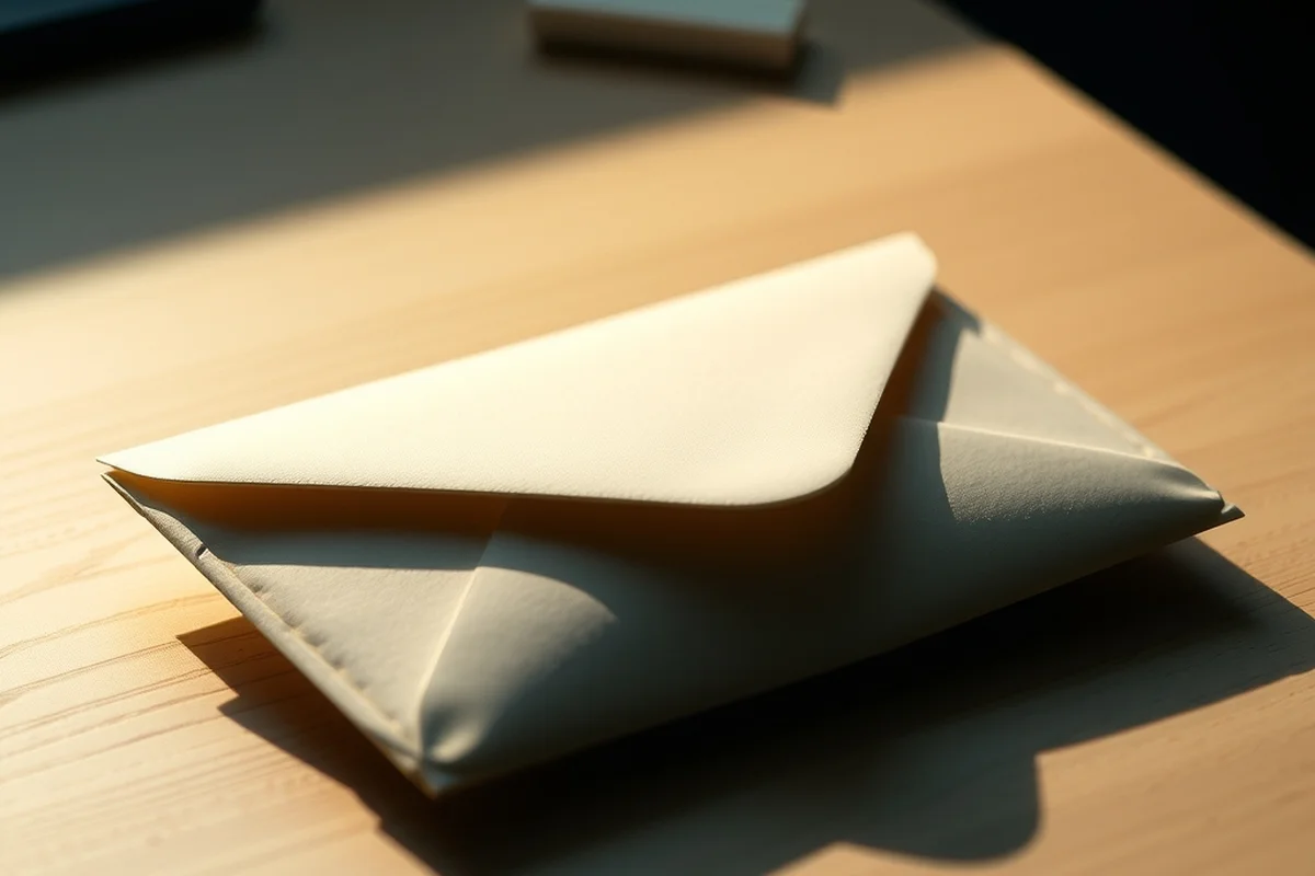 una busta di carta color crema sigillata appoggiata su una scrivania di legno chiaro, luce laterale calda, profondita di campo ridotta