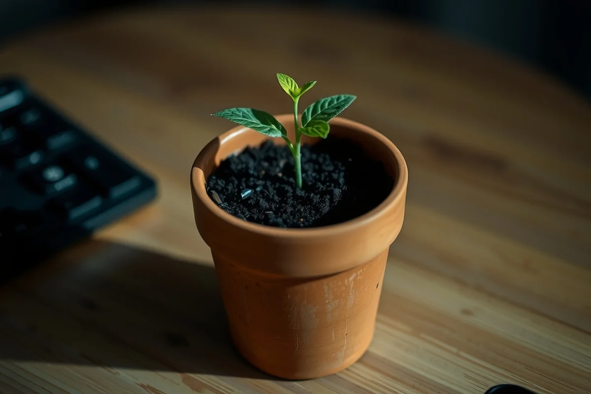 un piccolo germoglio verde che cresce in un vaso di terracotta su una scrivania di legno chiaro, luce laterale calda, sfondo sfocato
