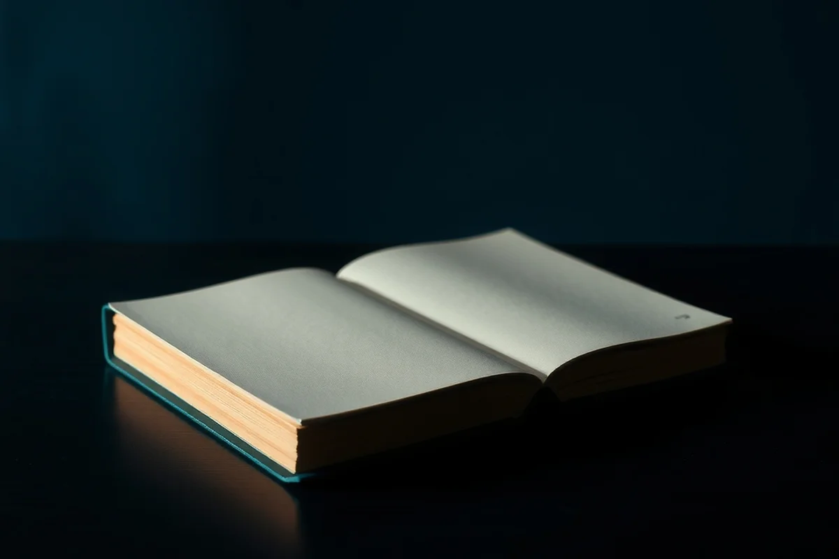 un libro rilegato aperto con le pagine bianche, appoggiato su un piano di legno scuro, con una luce calda sul taglio delle pagine