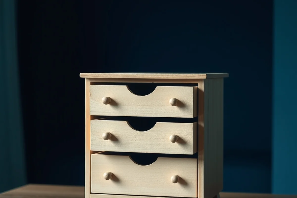 una piccola cassettiera di legno chiaro con i cassetti leggermente aperti a profondità diverse, su un tavolo, in primo piano a fuoco, sfondo blu notte sfocato