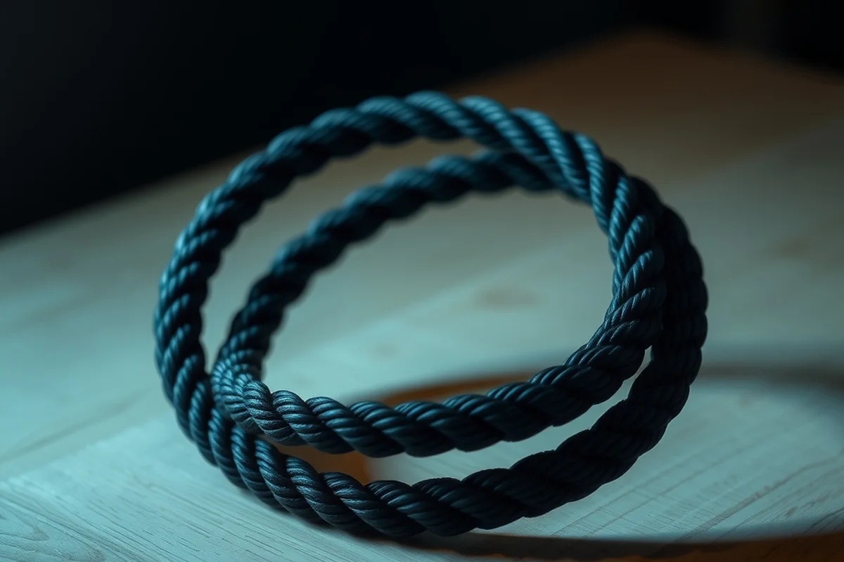 un anello continuo di corda scura appoggiato su un tavolo in legno chiaro, luce fredda bluastra