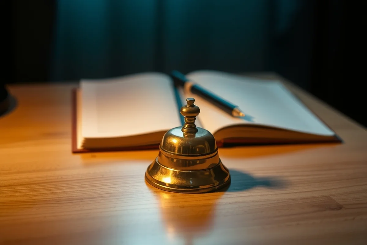 un campanello da banco in ottone appoggiato su una scrivania in legno chiaro, in primo piano a fuoco, un quaderno aperto con una penna sullo sfondo, luce calda laterale