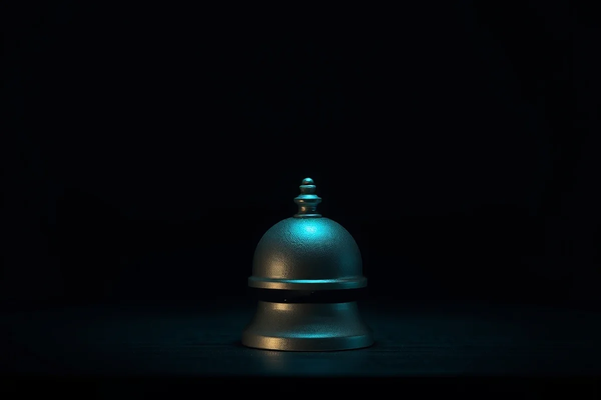 un campanello da banco in metallo lucido appoggiato su un bancone di legno scuro, illuminato da una luce fredda