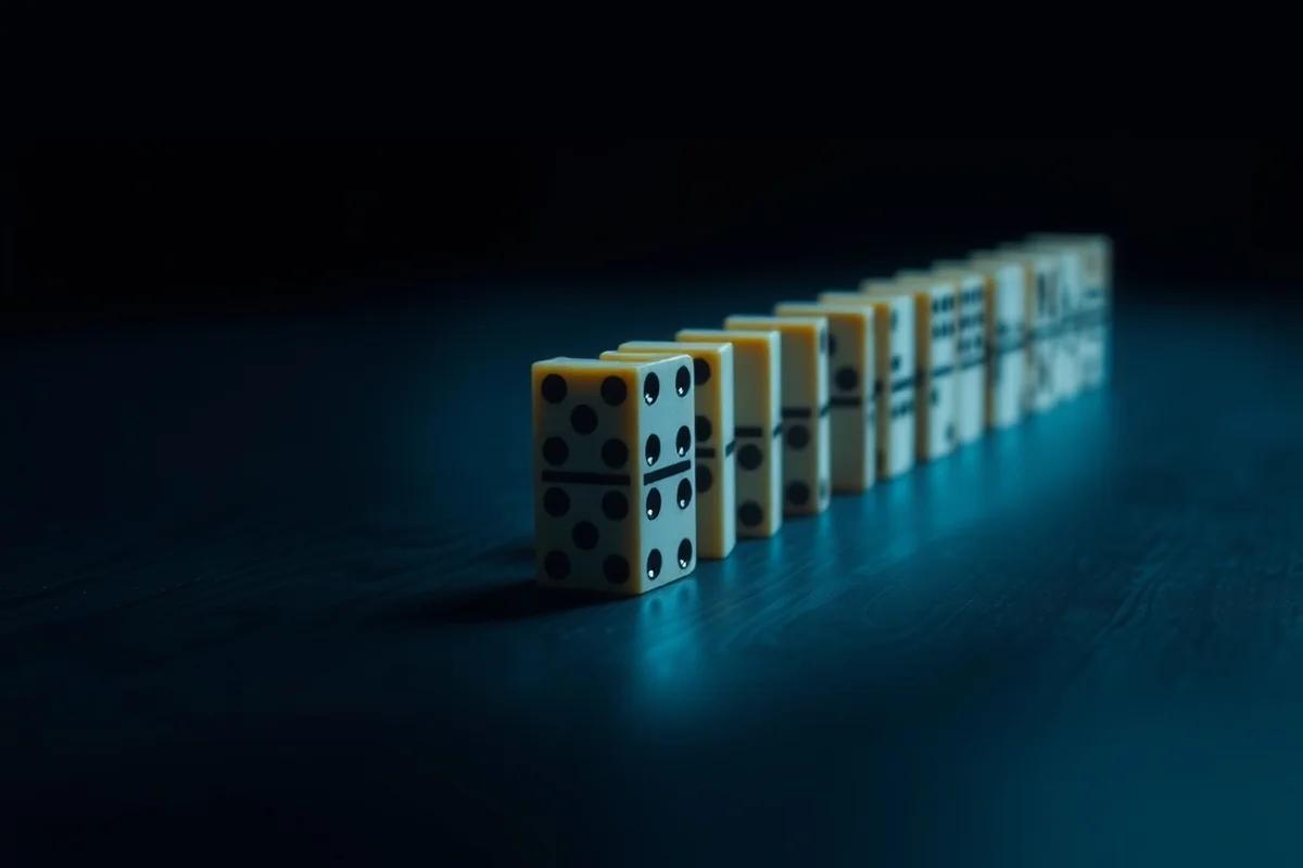 una lunga fila di tessere del domino in piedi su un tavolo di legno scuro, in primo piano a fuoco, sfondo blu notte sfumato