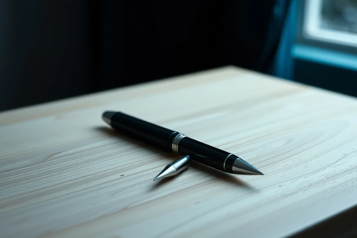 una penna stilografica nera appoggiata di traverso su un piano da scrittura di legno chiaro vuoto, in primo piano a fuoco, luce morbida verde acqua, sfondo sfocato