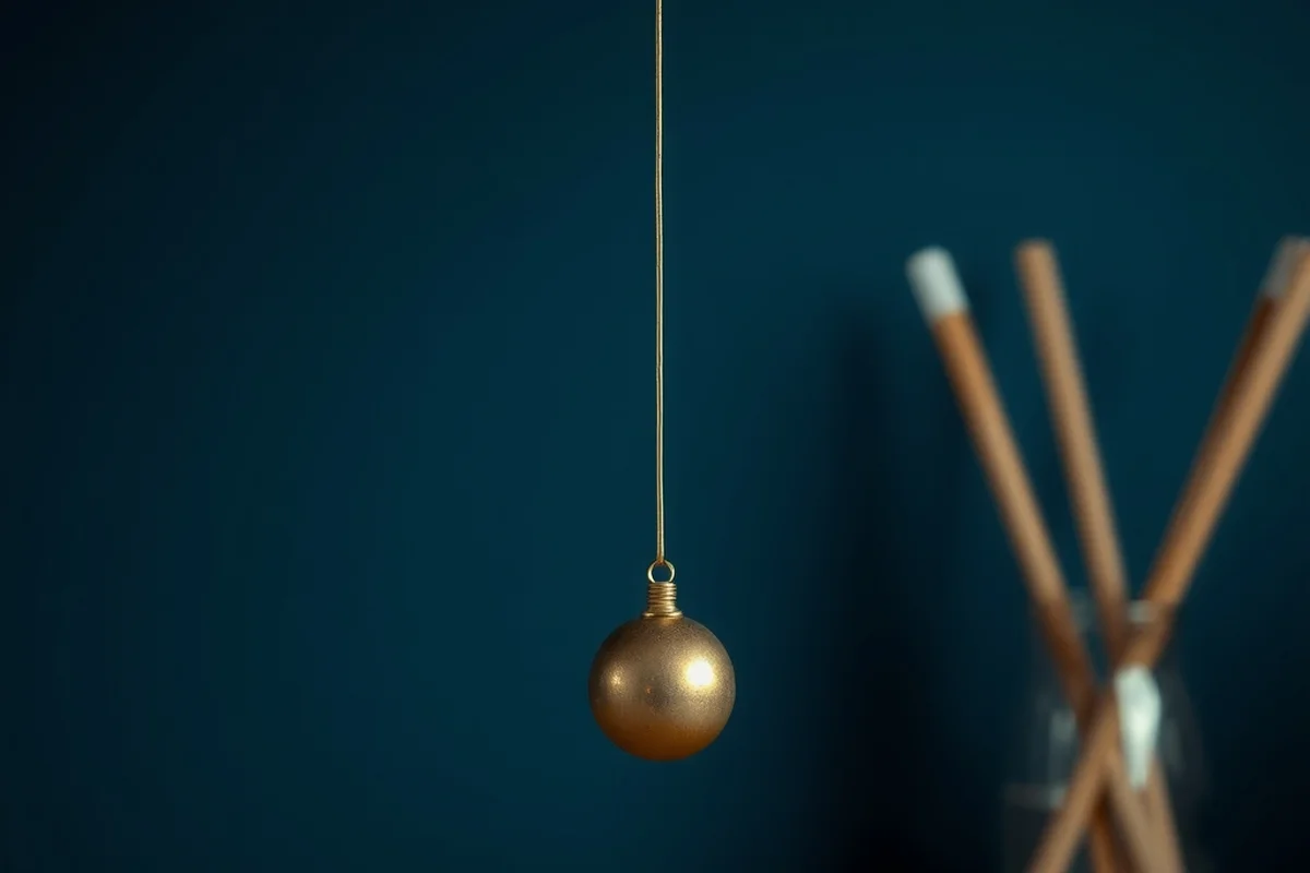 un pendolo di ottone lucido fermo, appeso a un filo sottile davanti a una parete blu notte, luce laterale morbida