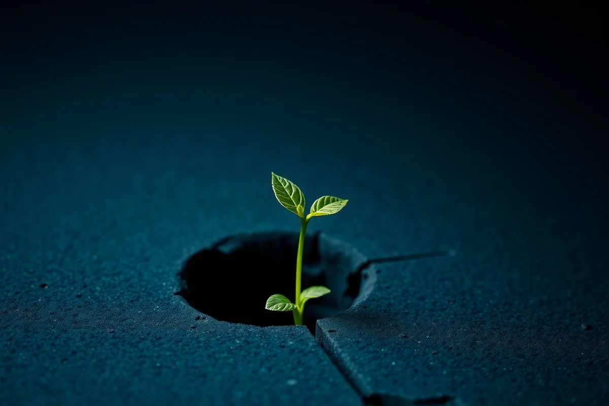 un piccolo germoglio verde con due foglie che cresce da una fessura in una lastra di pietra grigia, in primo piano a fuoco, sfondo blu notte