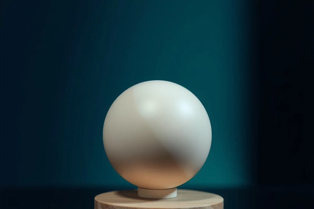 una sfera liscia opaca color avorio appoggiata su una base di legno chiaro, in primo piano a fuoco, una fascia di luce verde acqua sullo sfondo scuro sfocato