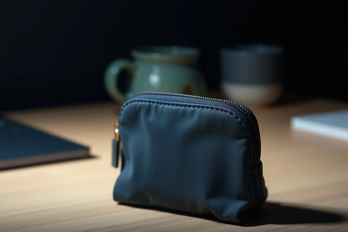 una piccola pochette con zip in tessuto blu scuro, chiusa, appoggiata su una scrivania in legno chiaro, in primo piano a fuoco, sfondo sfocato