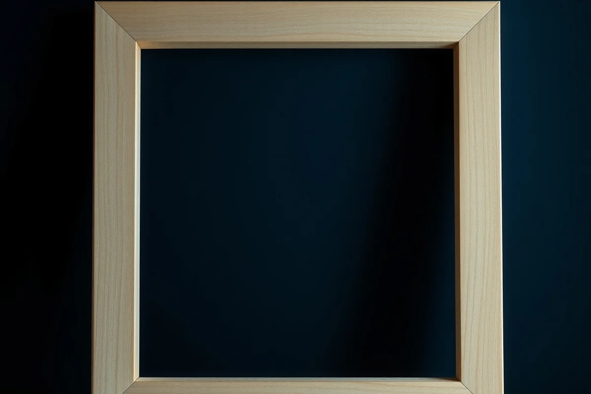 una cornice vuota di legno chiaro appoggiata a una parete blu notte, in primo piano a fuoco, luce laterale morbida