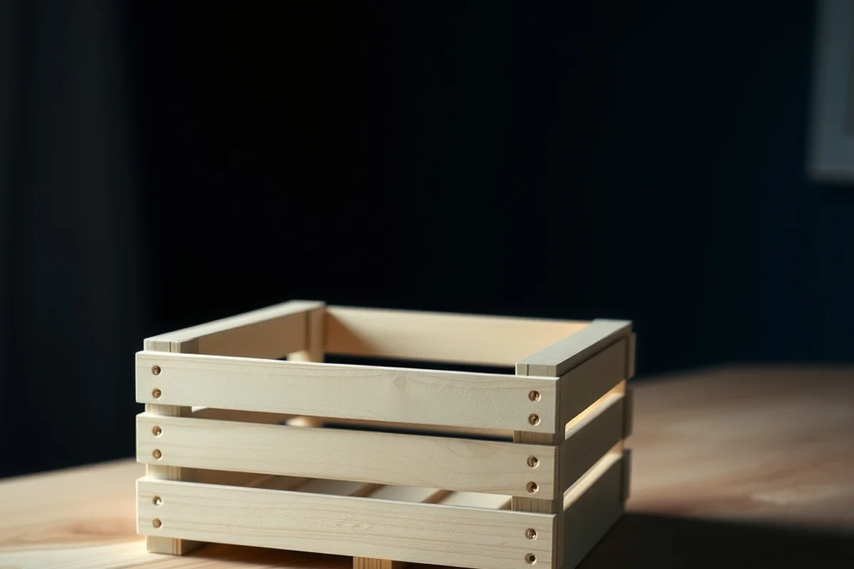 una piccola cassetta di legno chiaro aperta e vuota appoggiata su un tavolo di legno, in primo piano a fuoco, sfondo scuro