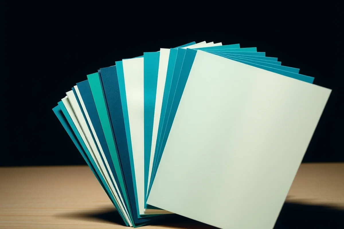 un ventaglio di cartoncini colorati senza scritte nei toni del verde acqua, del crema e del blu, appoggiato su una scrivania di legno chiaro, sfondo scuro
