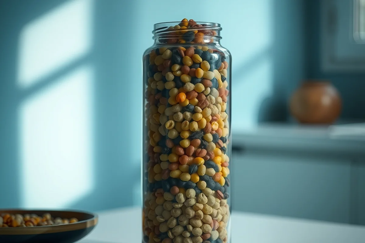 un barattolo di vetro alto riempito di strati di legumi secchi di colori diversi su un tavolo di cucina nella luce del mattino