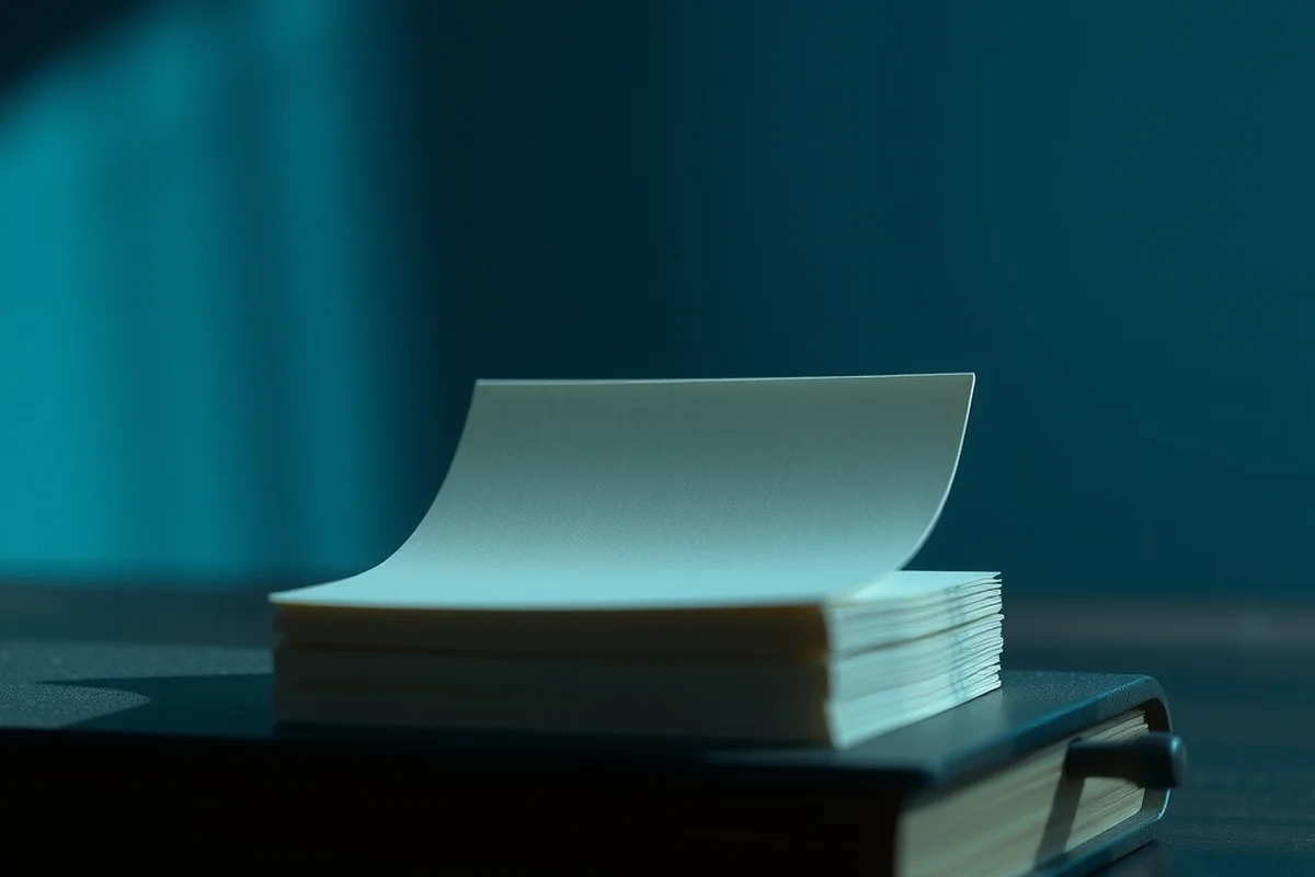 un blocco di fogli di carta avorio completamente bianchi, con il foglio superiore che si solleva, appoggiato su un piano scuro, sfondo blu notte