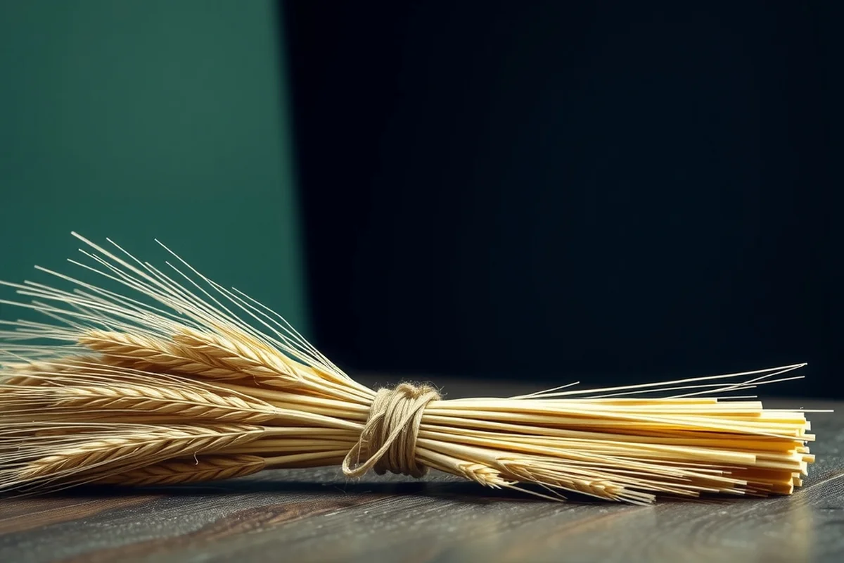 un covone di spighe di grano secche legato con uno spago grezzo, appoggiato su un piano di quercia scura, sfondo blu notte