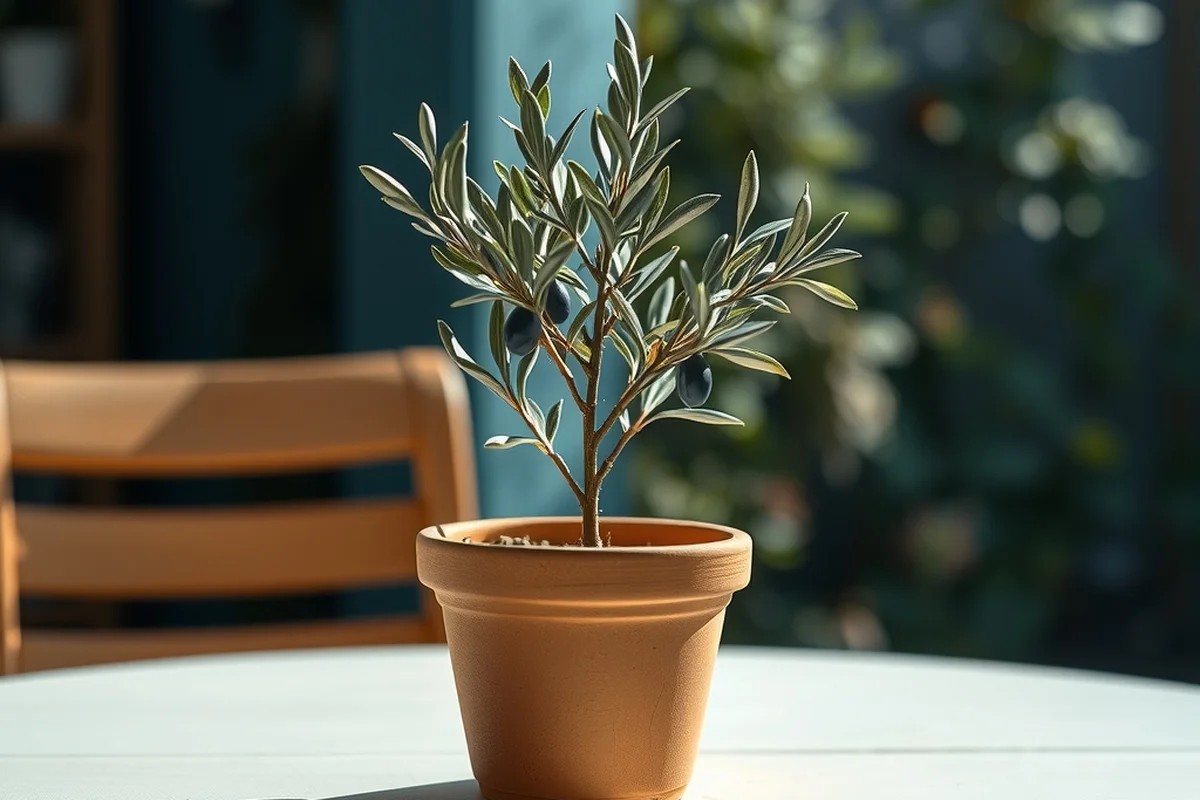 un giovane ulivo in un vaso di terracotta su un tavolo bianco, illuminato dalla luce del mattino con un giardino sfocato sullo sfondo