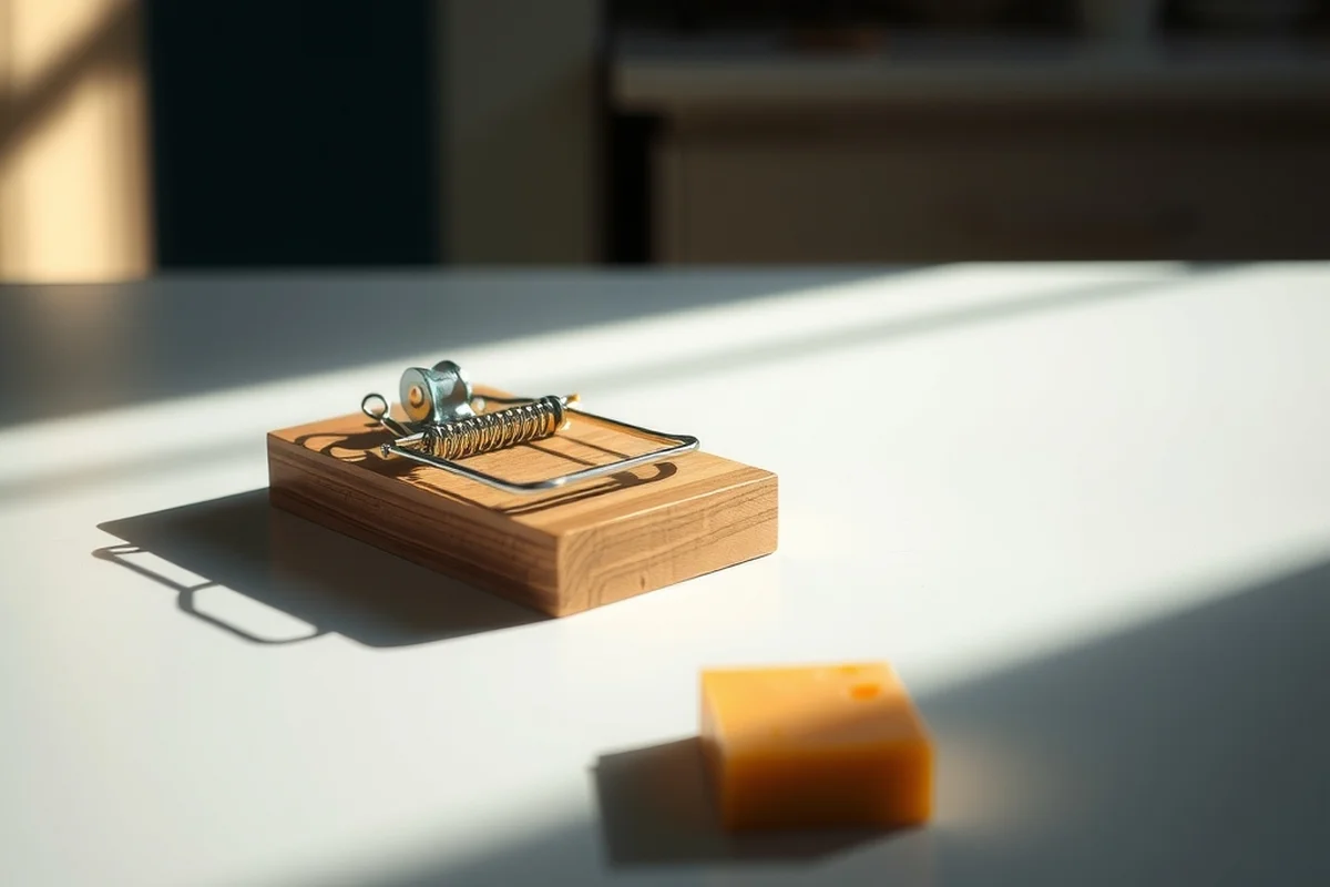una trappola per topi in legno con la molla armata su un tavolo bianco illuminato dal sole, con un cubetto di formaggio poco distante