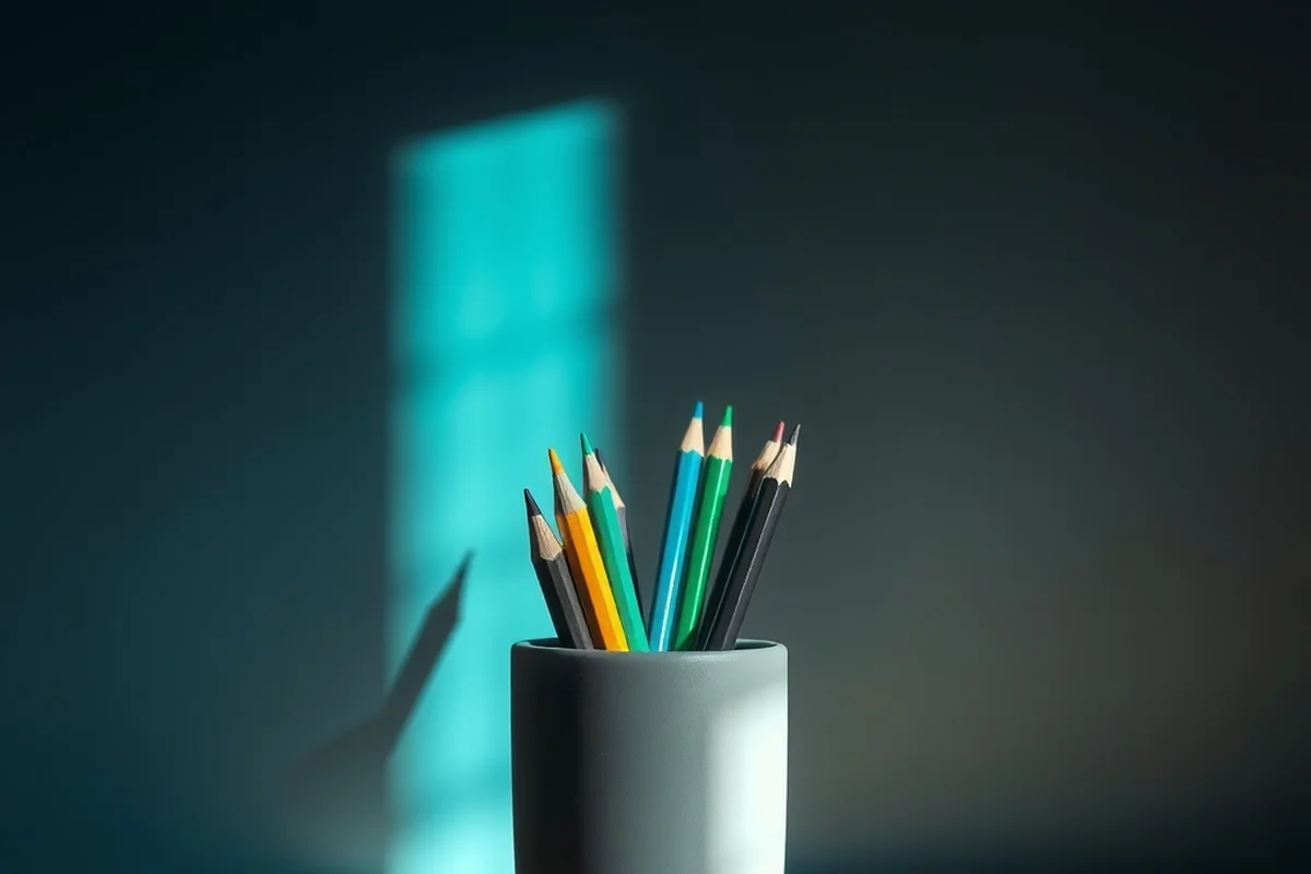 un portamatite in ceramica grigia pieno di matite colorate su una scrivania, con una lama di luce sul muro